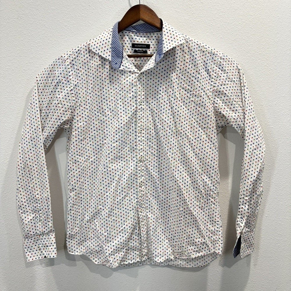 Bugatchi Uomo Size Large Cotton Candy Long Sleeve White Shaped Fit Shirt